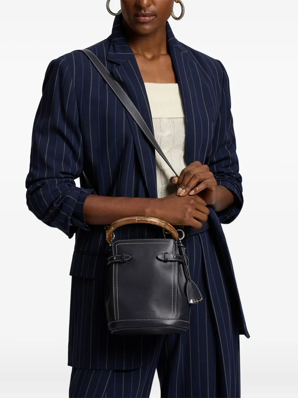 Ralph Lauren Small Wood-handle Leather Bucket Bag In Blue