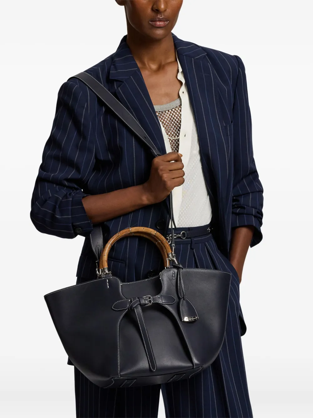 Ralph Lauren Wood-handle Leather Tote Bag In Blue