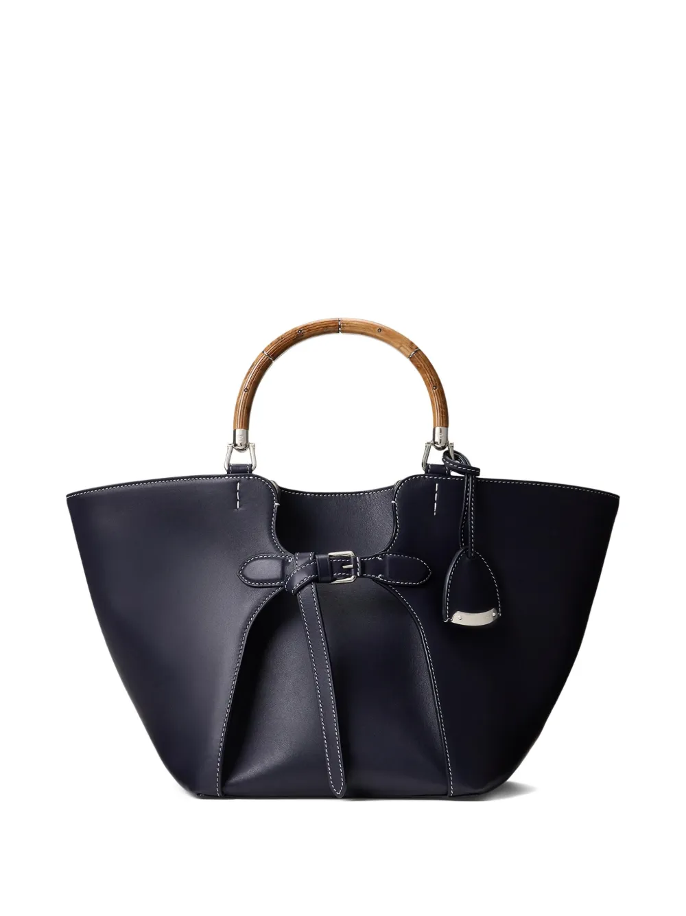 Ralph Lauren Wood-handle Leather Tote Bag In Blue
