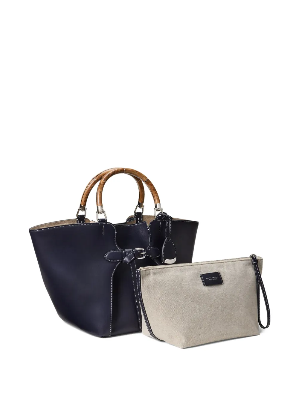 Ralph Lauren Wood-handle Leather Tote Bag In Blue