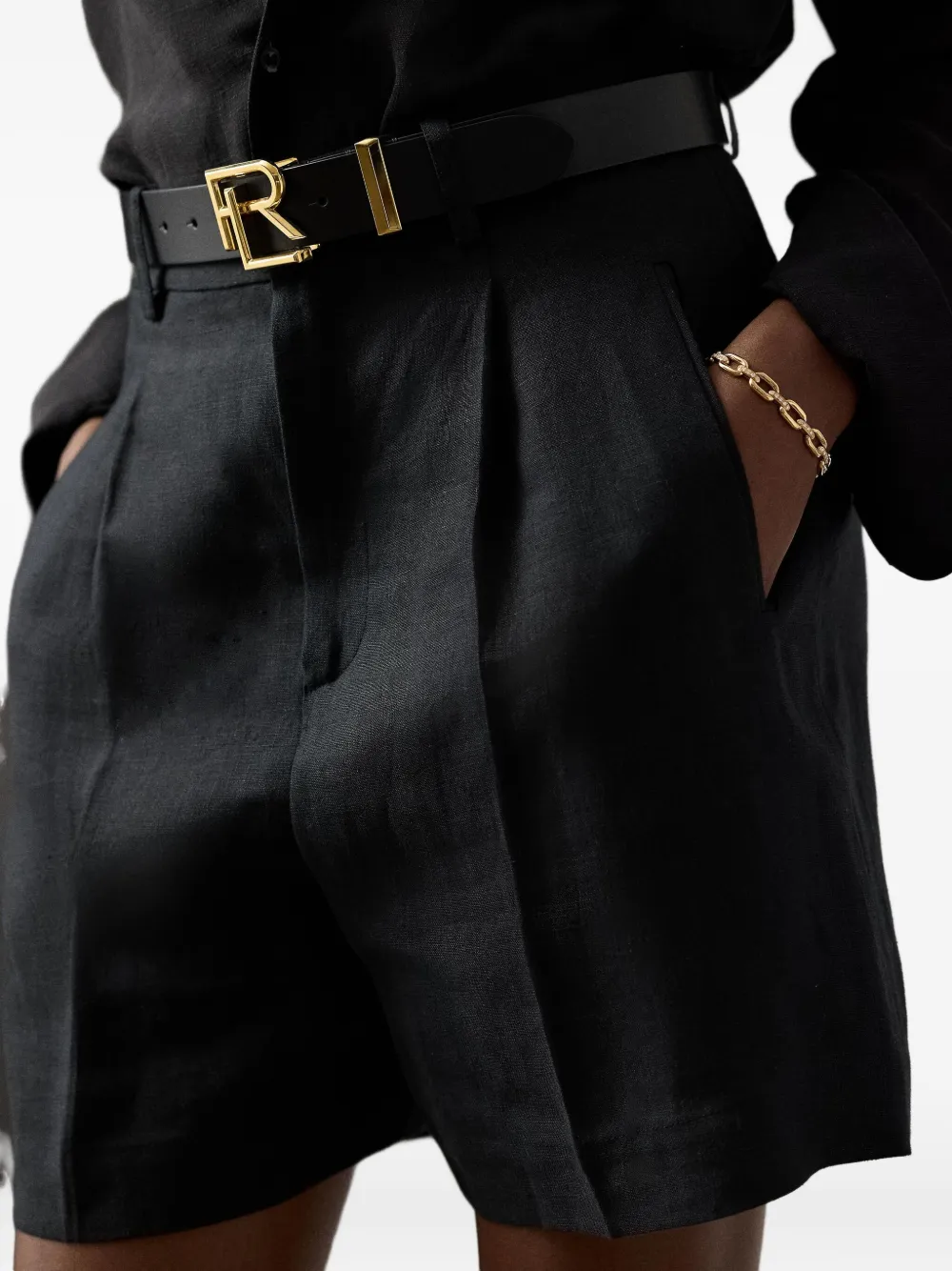 Ralph Lauren Pleated Linen Tailored Shorts In Black