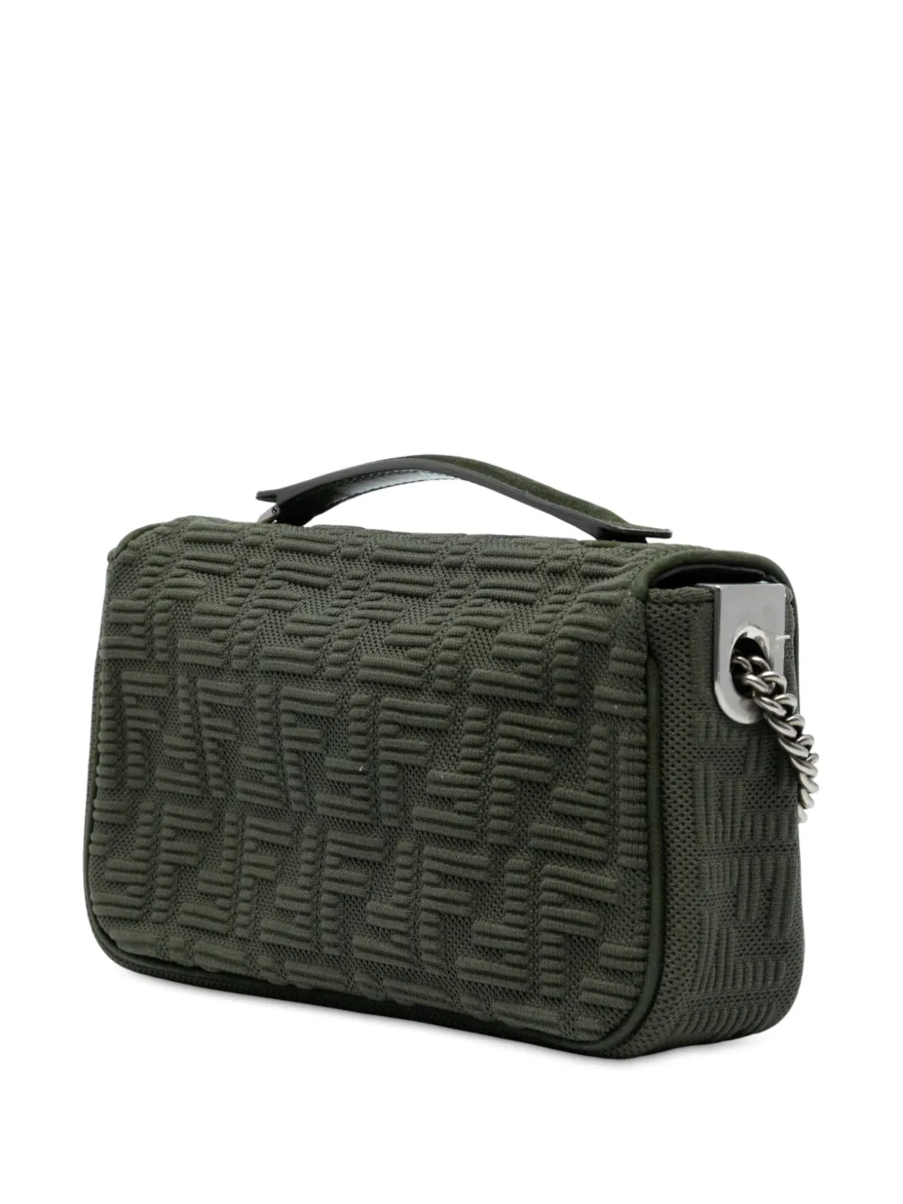 Pre-owned Fendi 2021-2025 Zucca Embossed Technical Fabric Chain Midi Baguette Shoulder Bag In Green
