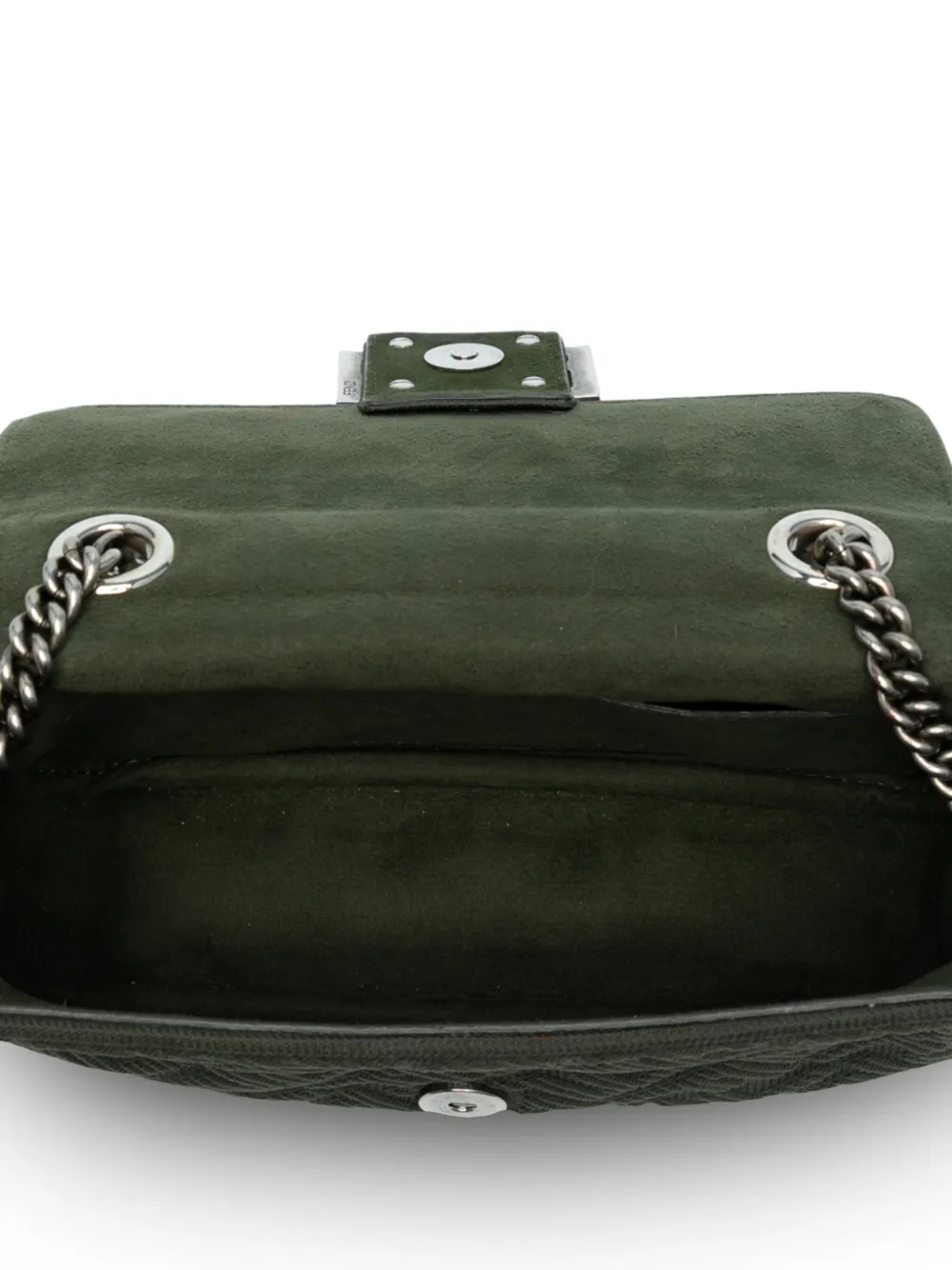 Pre-owned Fendi 2021-2025 Zucca Embossed Technical Fabric Chain Midi Baguette Shoulder Bag In Green