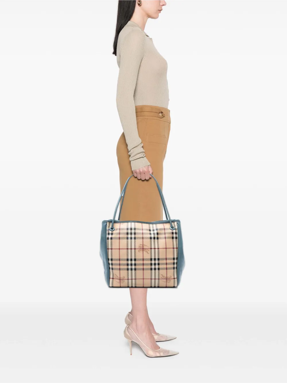 Pre-owned Burberry 2000-2017 Small Leather Trimmed Haymarket Check Coated Canvas Canterbury Tote Bag In Brown