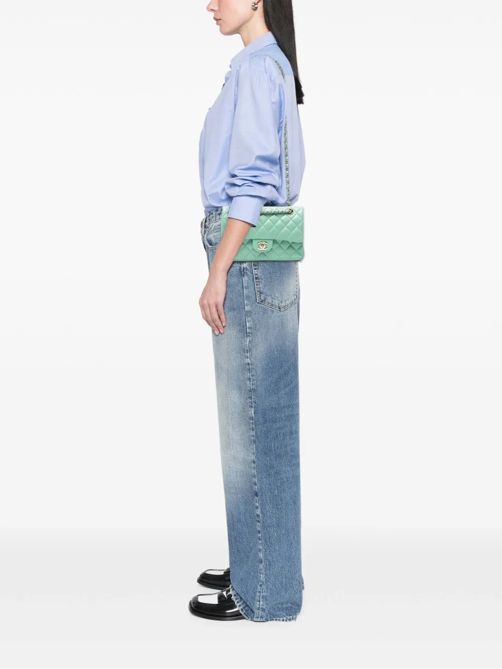 Pre-owned Chanel 2020 Small Classic Lambskin Double Flap Shoulder Bag In Green