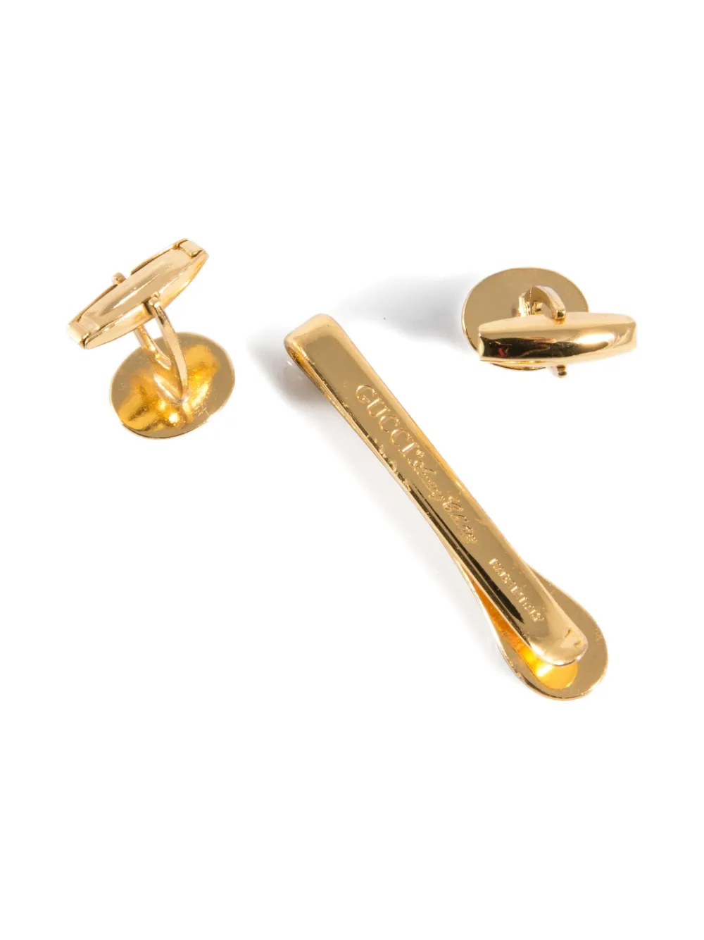 Pre-owned Gucci 1980s Logo Cufflinks And Tie Clip Set In Gold