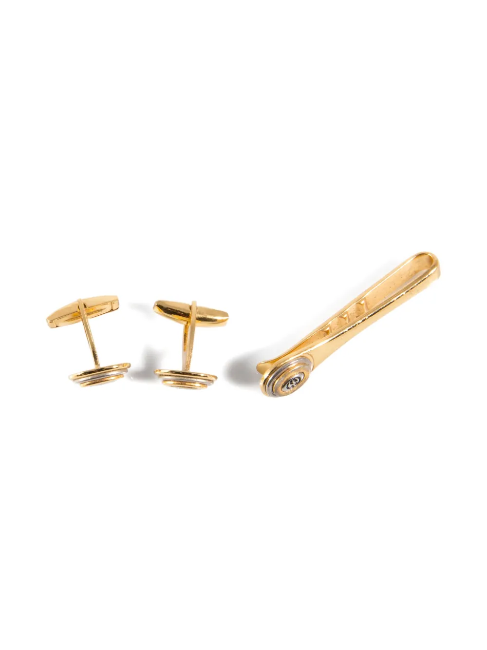 Pre-owned Gucci 1980s Logo Cufflinks And Tie Clip Set In Gold