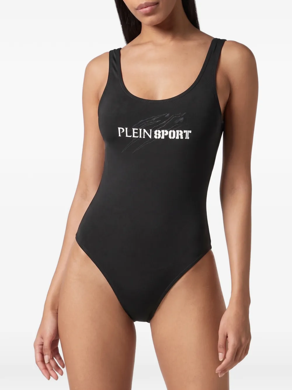 Plein Sport Monokini logo-print scoop-neck swimsuit Zwart