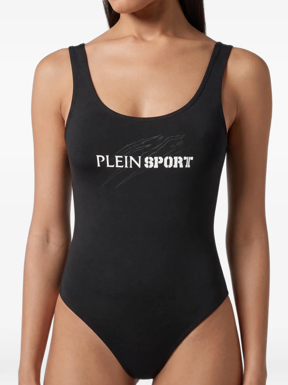 Plein Sport Monokini logo-print scoop-neck swimsuit Zwart