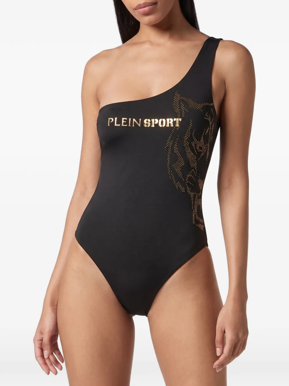Plein Sport one-shoulder logo-print swimsuit Zwart