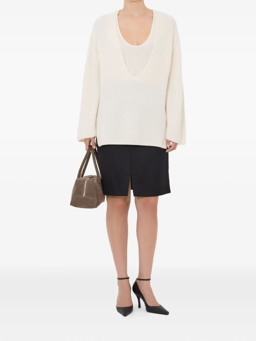 LouLou de Saison Gabe geribbelde trui met U-hals Beige