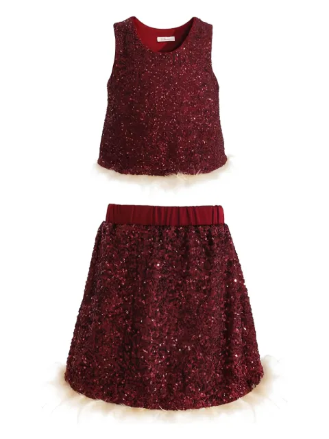 Tulleen ensemble haut-jupe orné de sequins à détails de plumes
