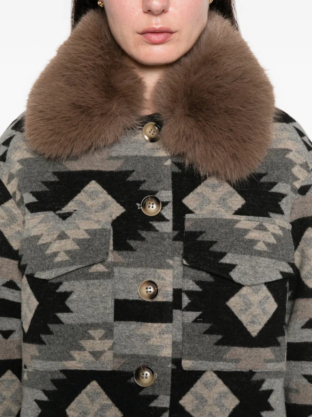 Ava Adore Faux-fur-collar Patterned Jacket In Gray