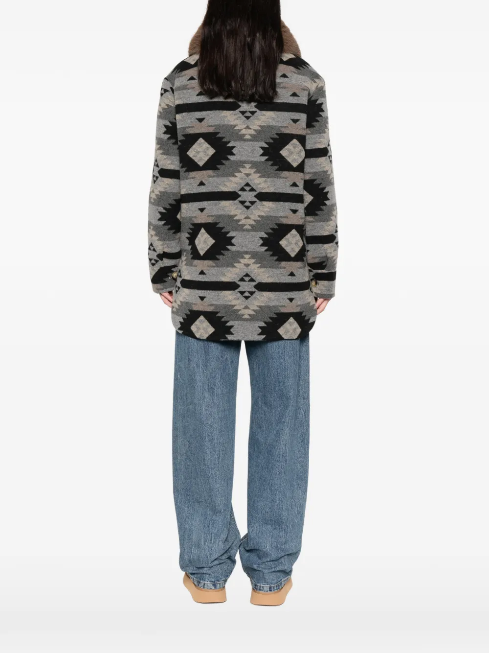 Ava Adore Faux-fur-collar Patterned Jacket In Gray