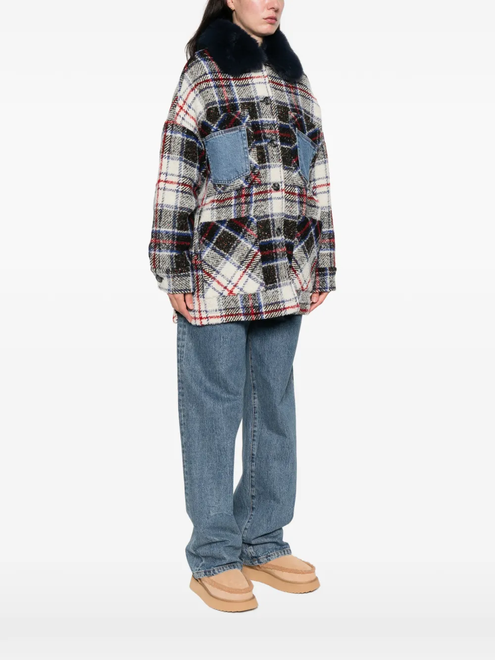 Ava Adore Faux-fur-collar Check-pattern Coat In Multi