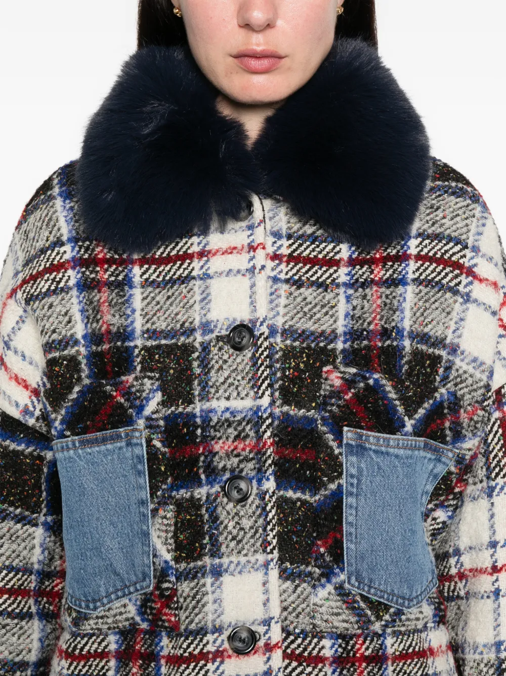 Ava Adore Faux-fur-collar Check-pattern Coat In Multi