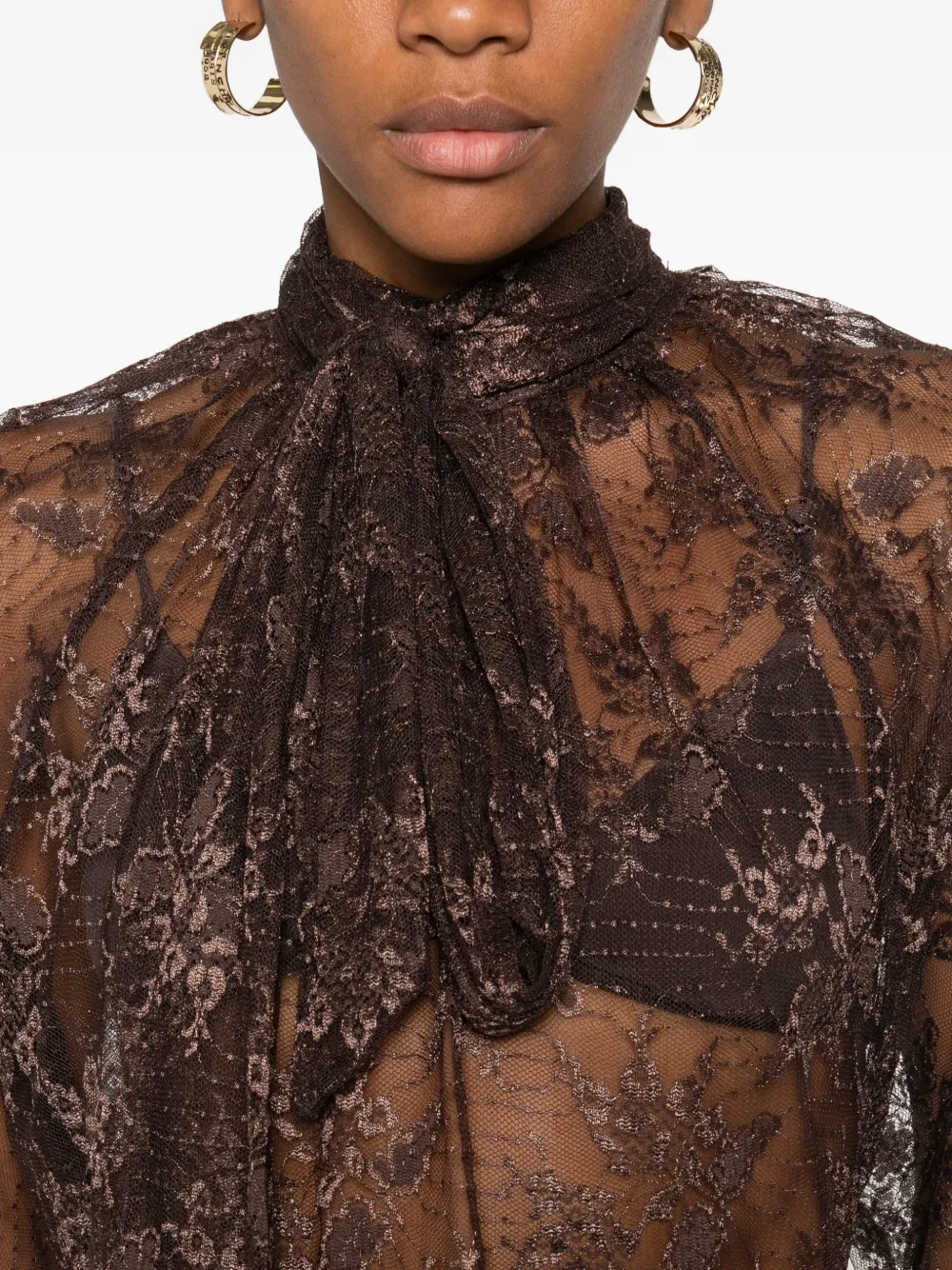 So Allure Lace Scarf Blouse In Brown