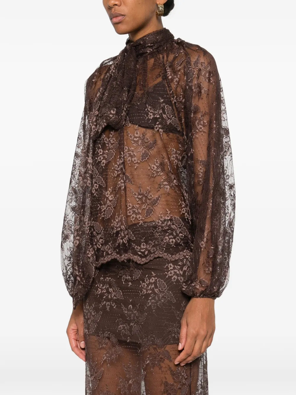 So Allure Lace Scarf Blouse In Brown