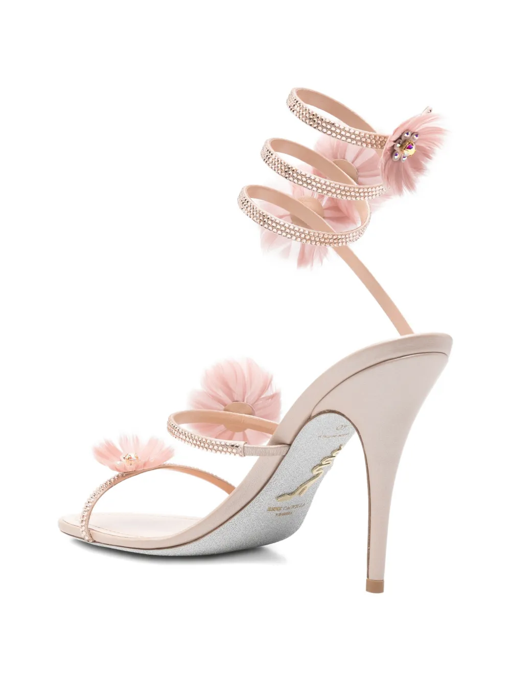 René Caovilla Jolene embellished-flowers heeled sandals Beige