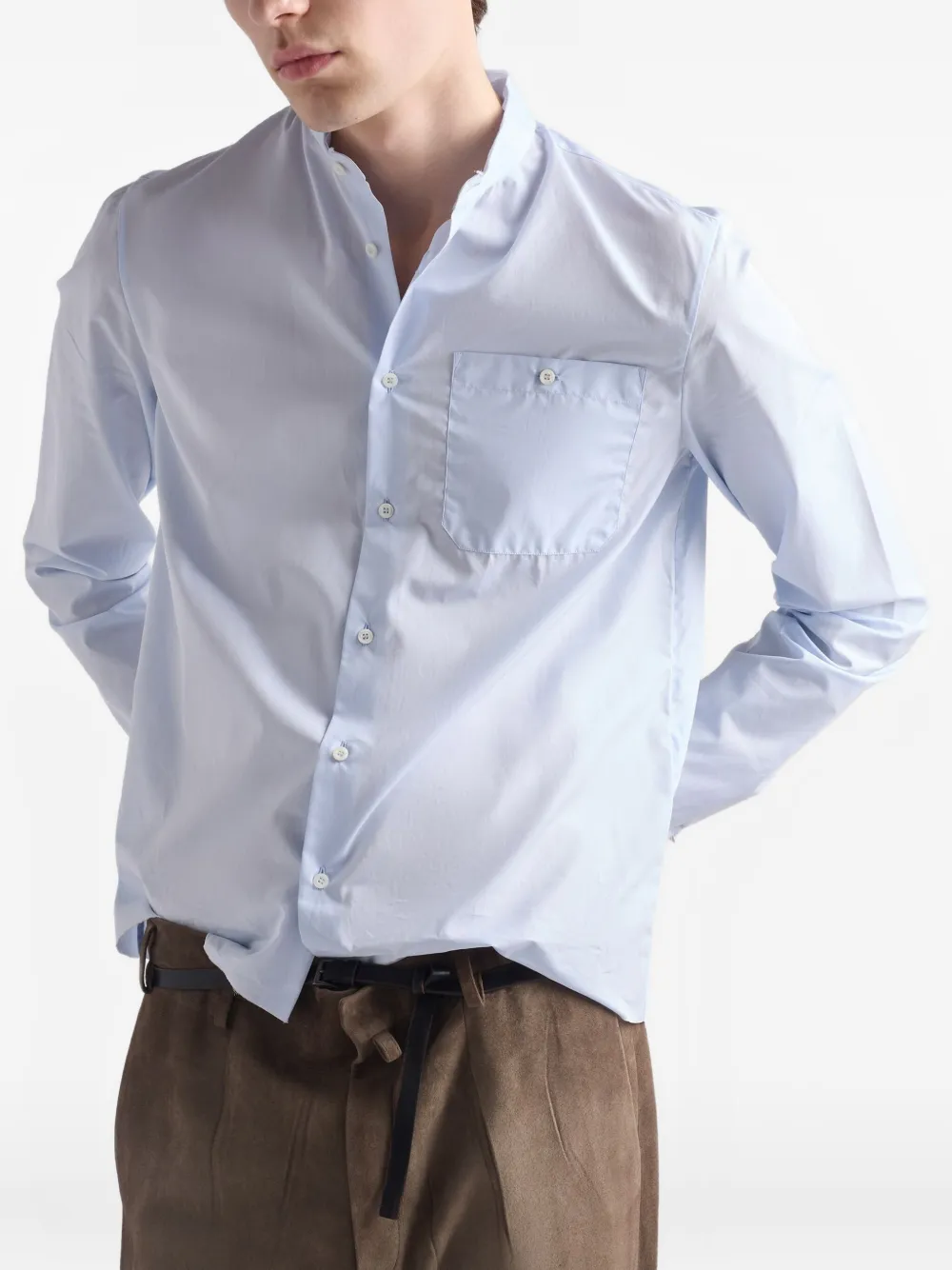 Prada Mandarin-collar Patch Pocket Shirt In Blue