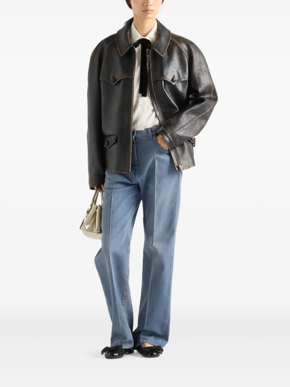 Prada Blouse met fluwelen strik en triangle-logo - Wit