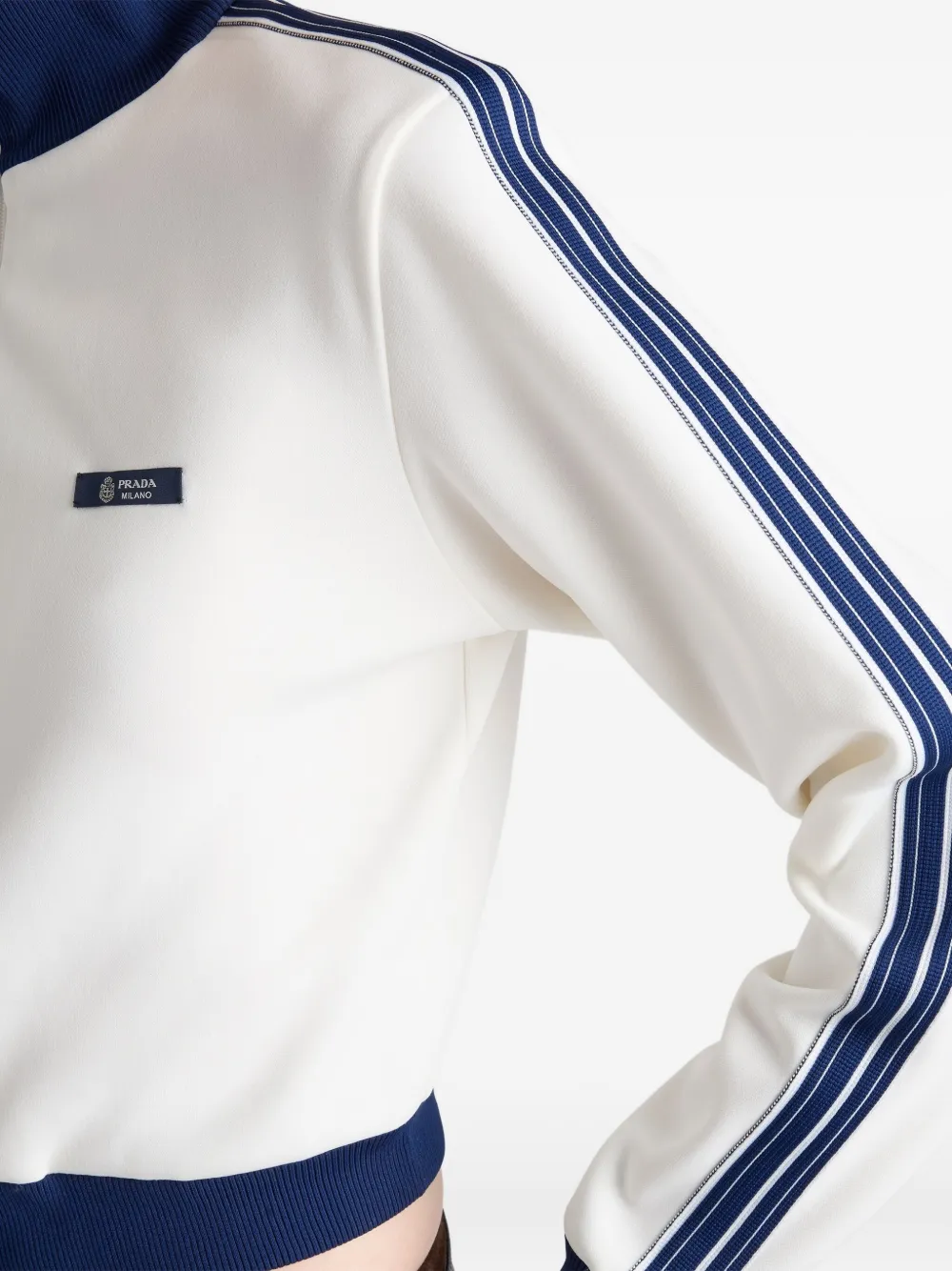 Prada Leather-elbow Patches Striped Sweatshirt In White