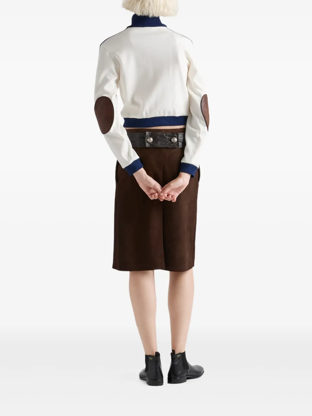 Prada Leather-elbow Patches Striped Sweatshirt In White