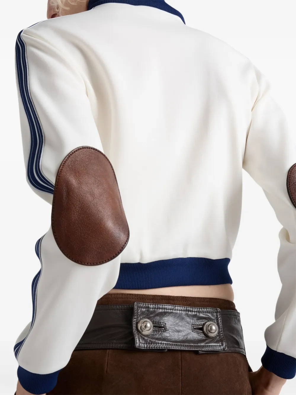 Prada Leather-elbow Patches Striped Sweatshirt In White