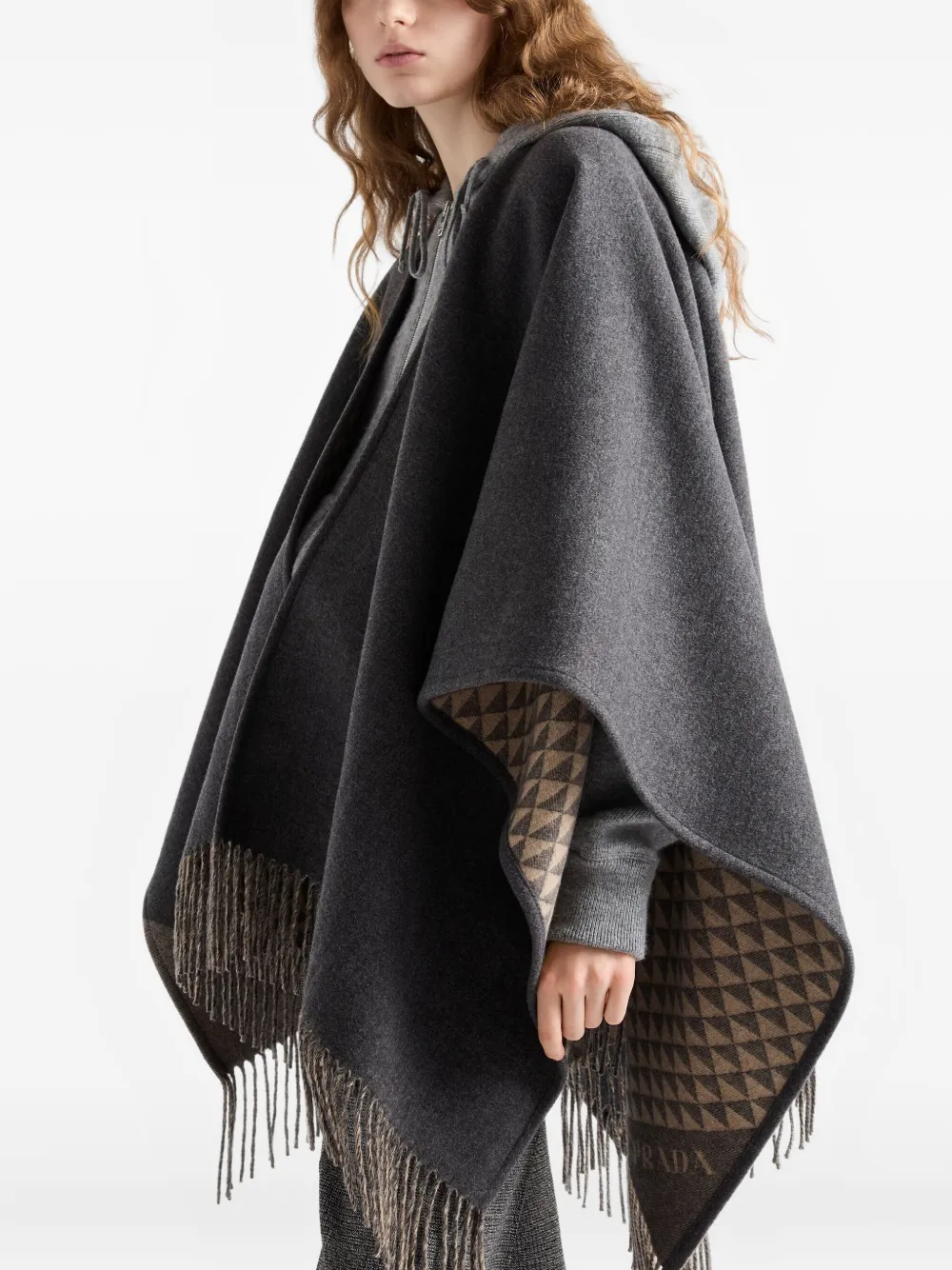 Prada Reversible Fringed Poncho In Gray