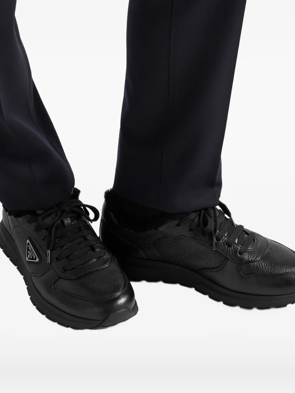 Prada Prax leren sneakers met lammy voering en logo Zwart