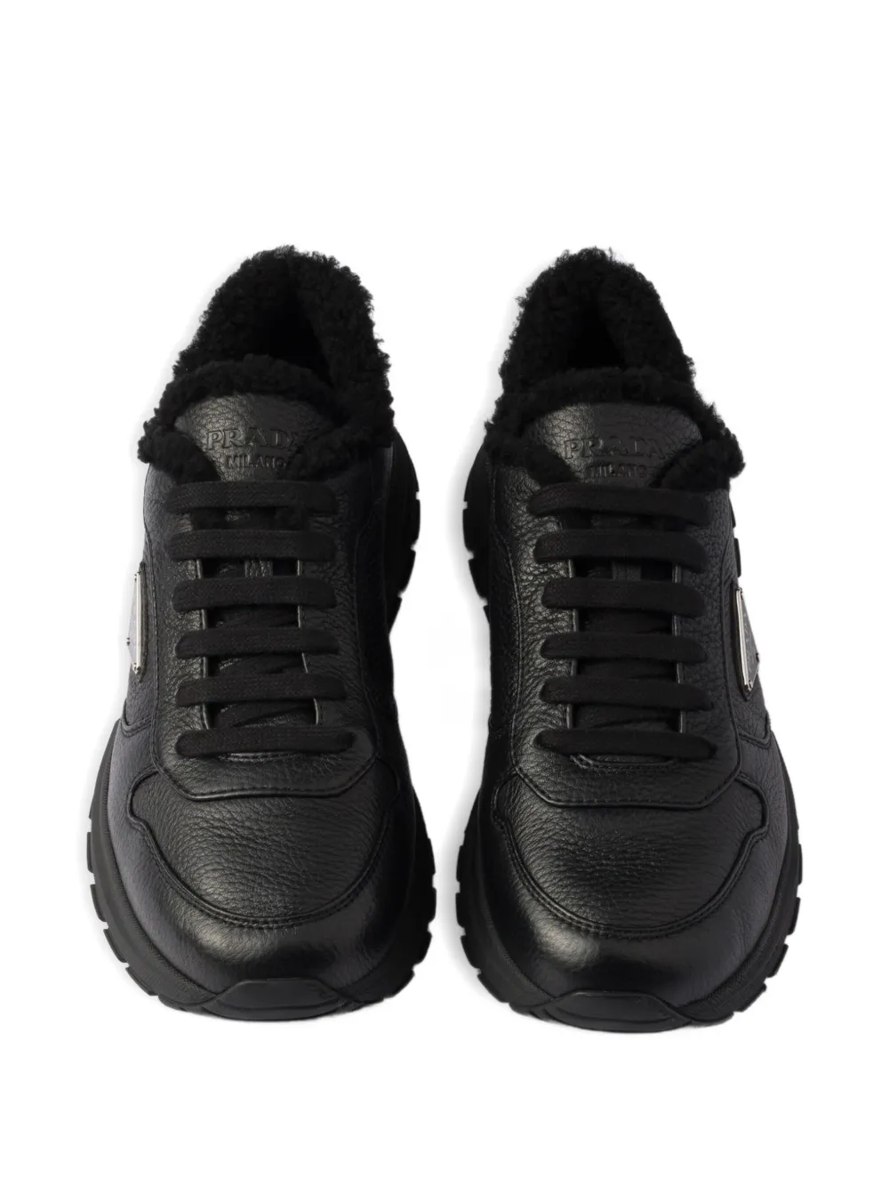 Prada Prax leren sneakers met lammy voering en logo Zwart