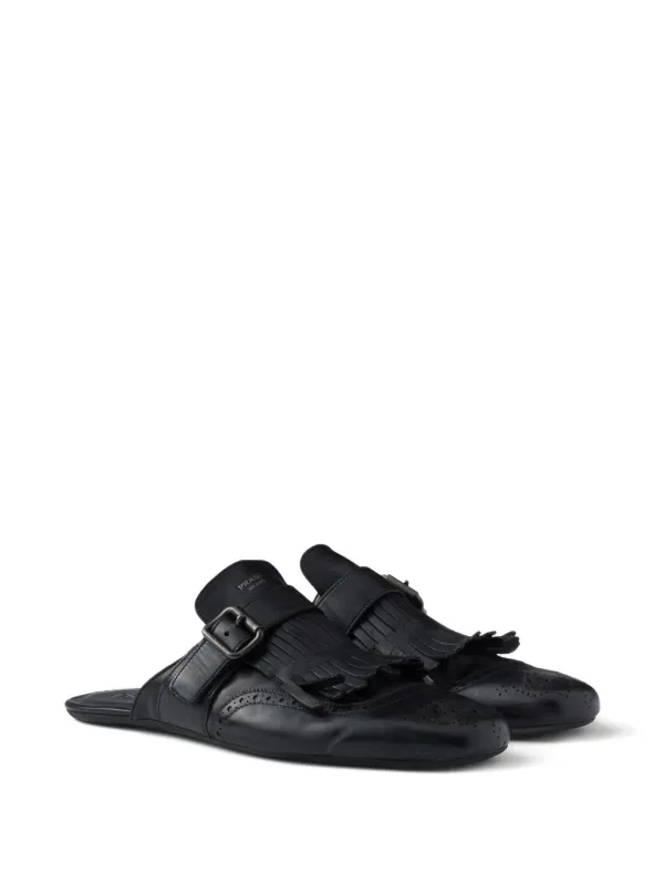 Prada Shuffle Fringed Perforated Mules | Black | FARFETCH ID