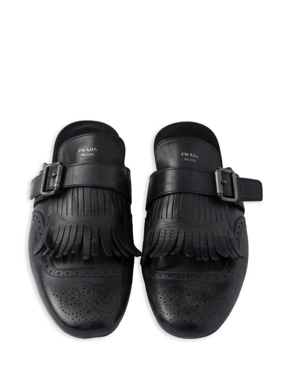 Prada Shuffle Fringed Perforated Mules | Black | FARFETCH ID