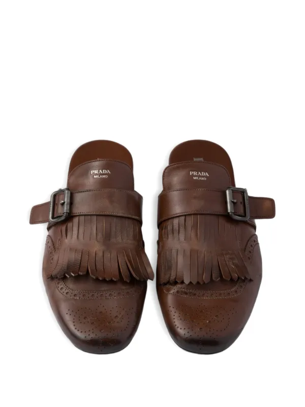 Prada Shuffle Perforated Fringed Leather Mules | Brown | FARFETCH