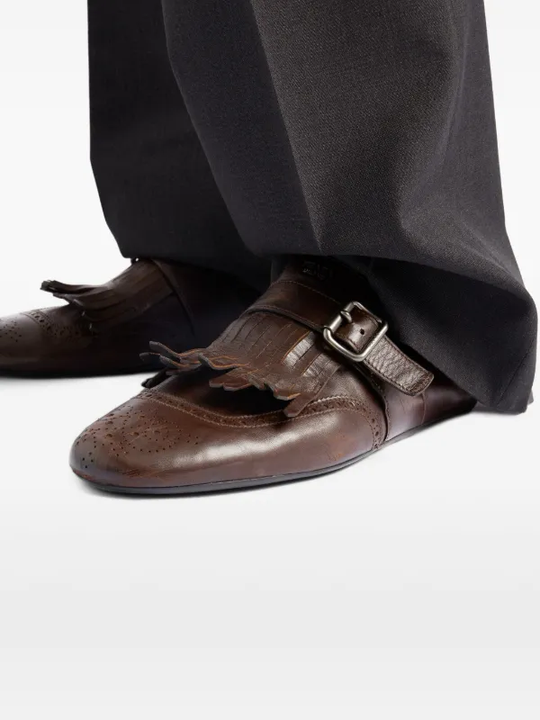 Prada Shuffle Perforated Fringed Leather Mules | Brown | FARFETCH ID