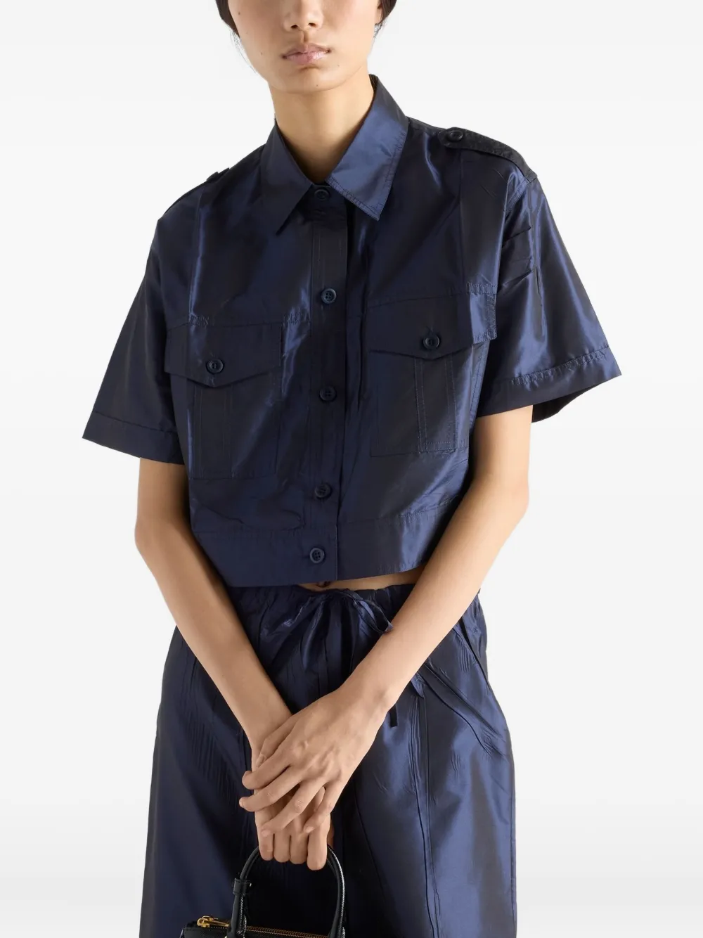 Prada Cropped Taffeta Shirt In Blue
