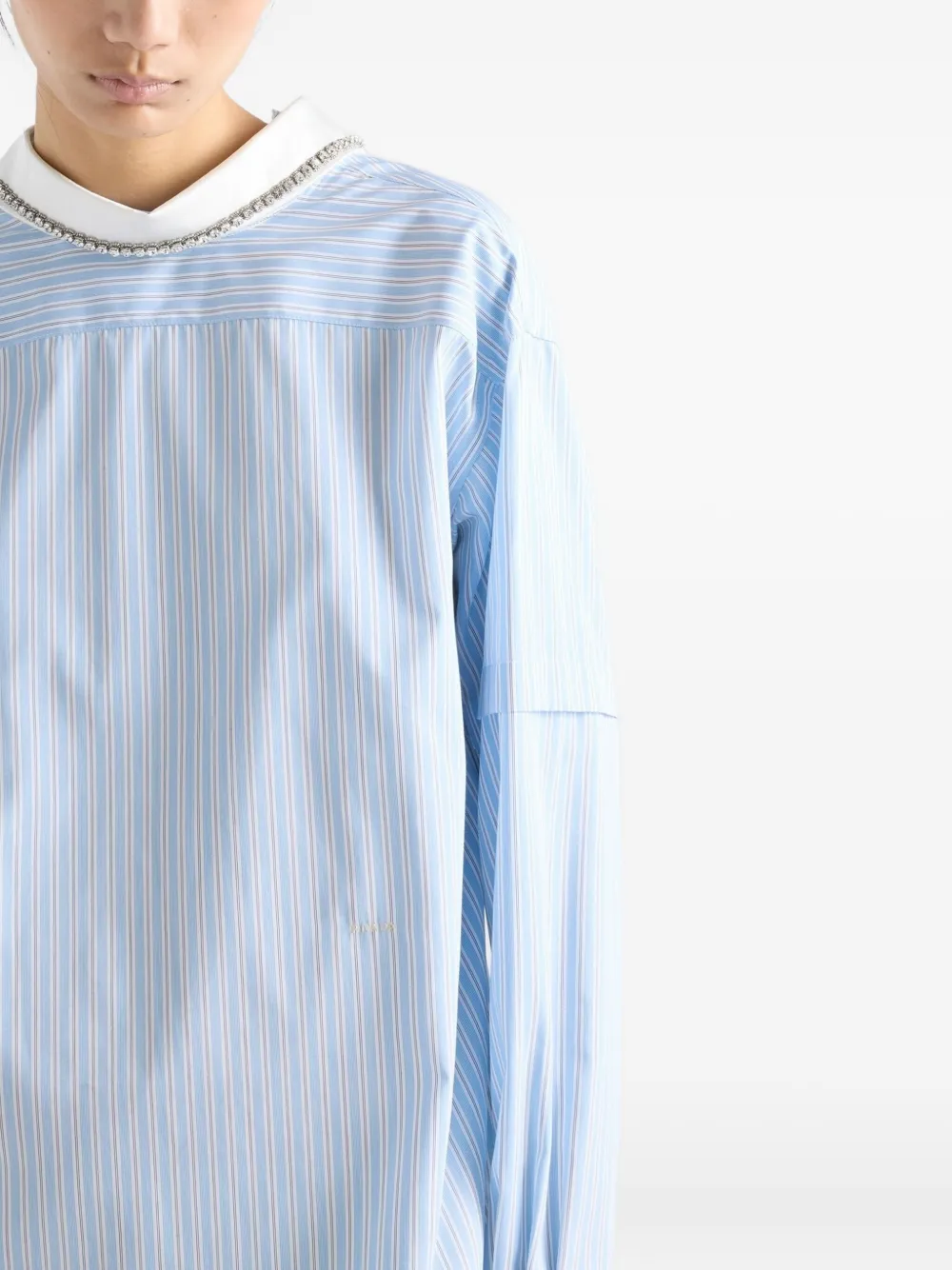 Prada Besticktes Gestreiftes Top Aus Popeline In Blue