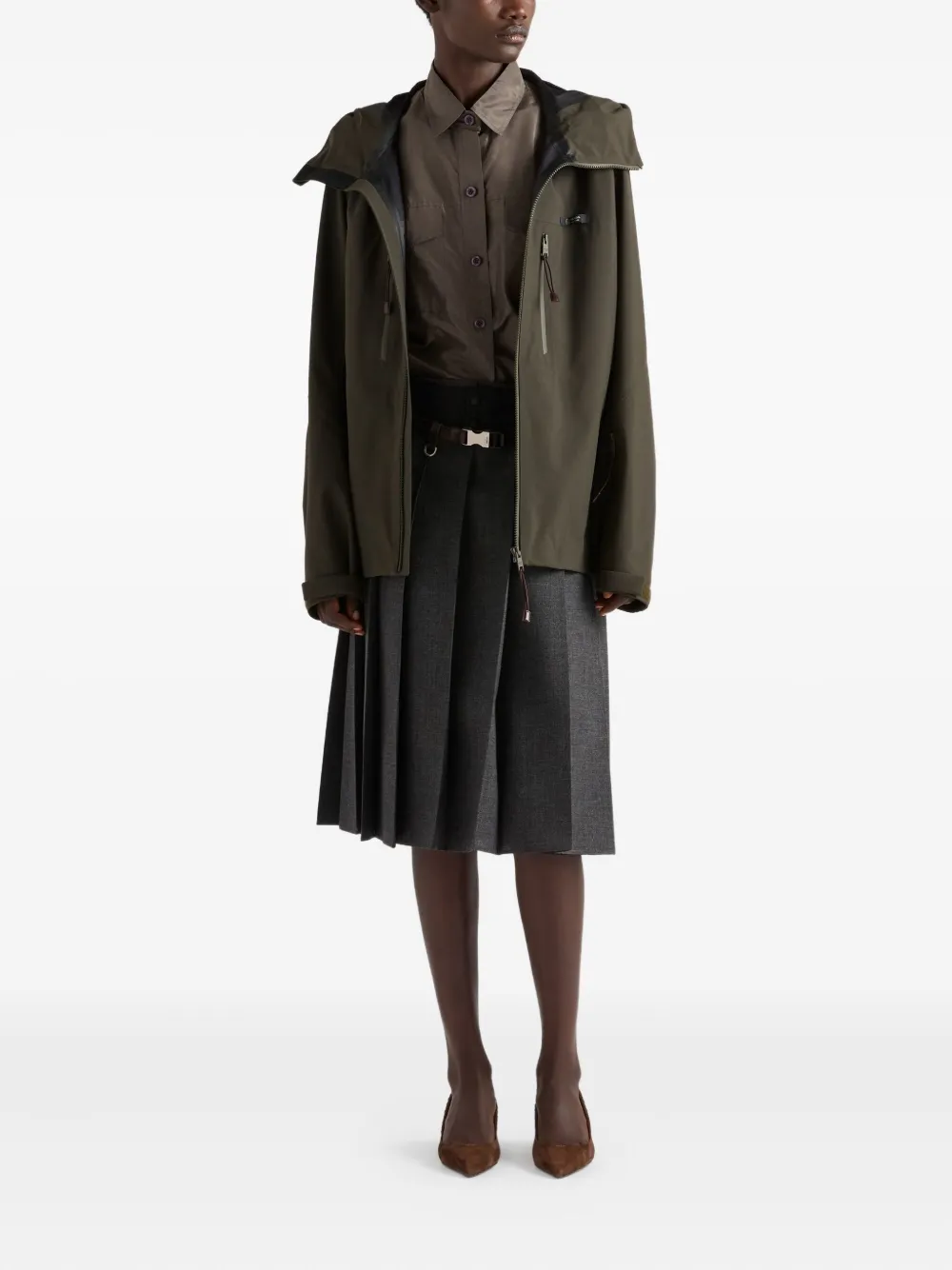 Prada Hooded Logo-label Coat In Green
