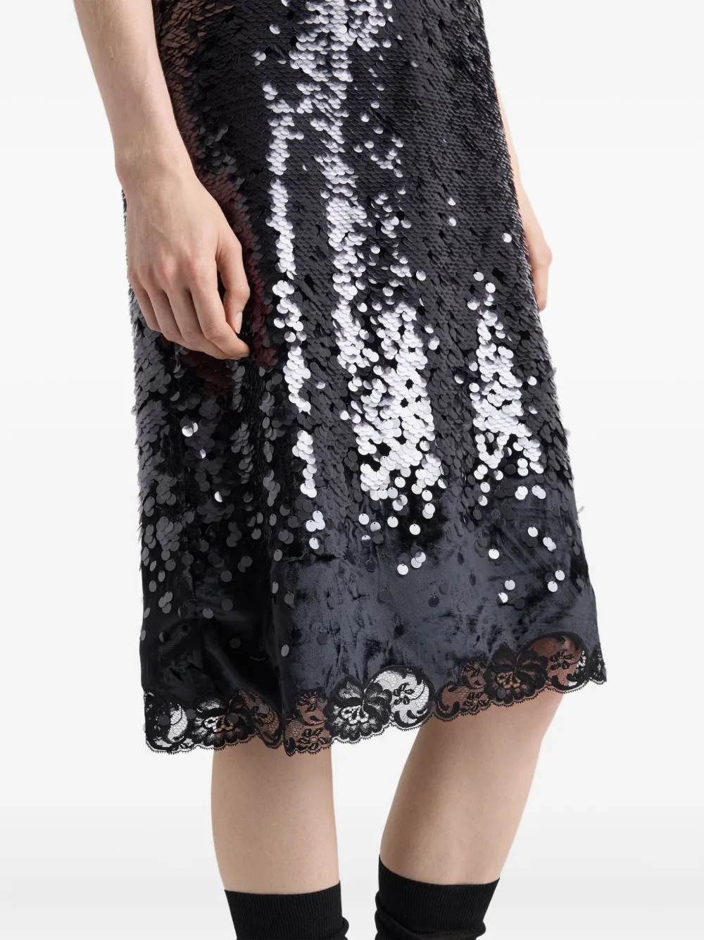 Prada Sequinned Lace-trim Velvet Midi Dress In Black
