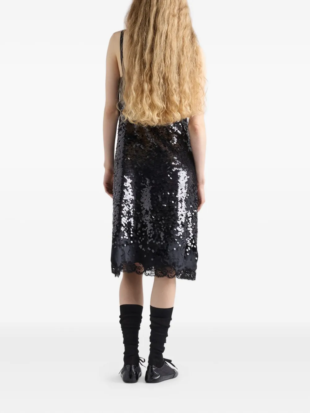 Prada Sequinned Lace-trim Velvet Midi Dress In Black