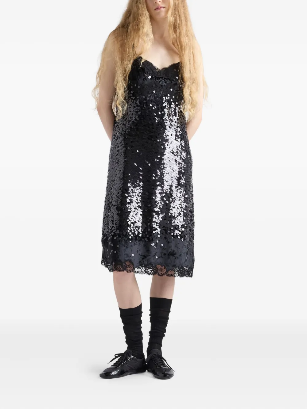Prada Sequinned Lace-trim Velvet Midi Dress In Black