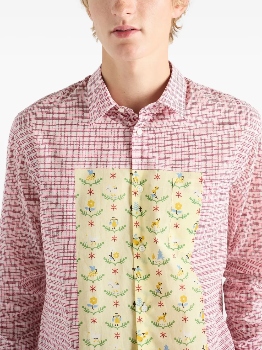 Prada Check-pattern Floral-print Shirt In Pink