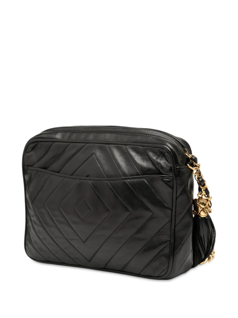 CHANEL Pre-owned 1989-1991 Cc Chevron Quilted Lambskin Tassel Camera Case Crossbody Bag In Black