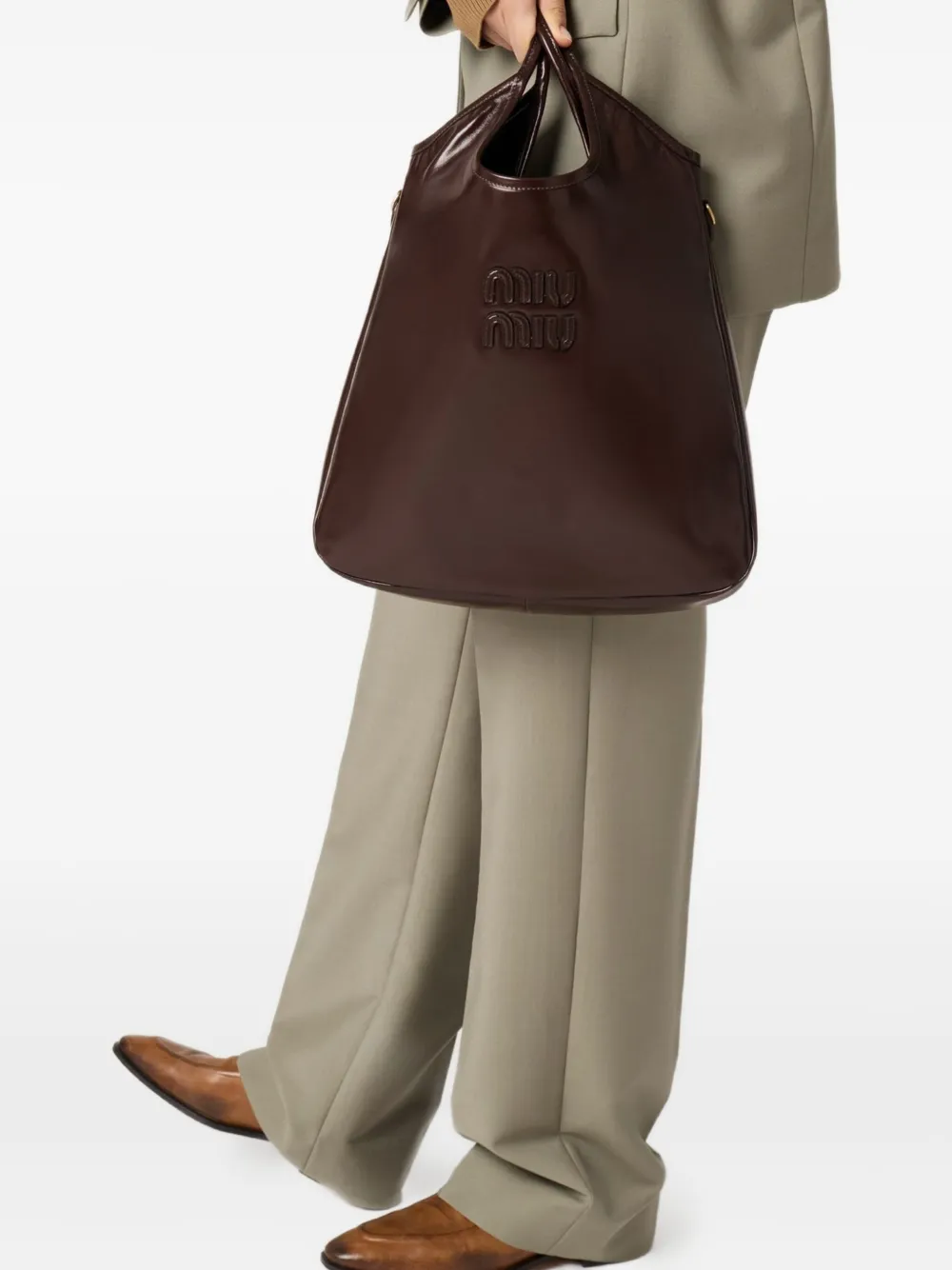 Miu Miu Ivy Logo Leather-lettering Tote Bag In Brown