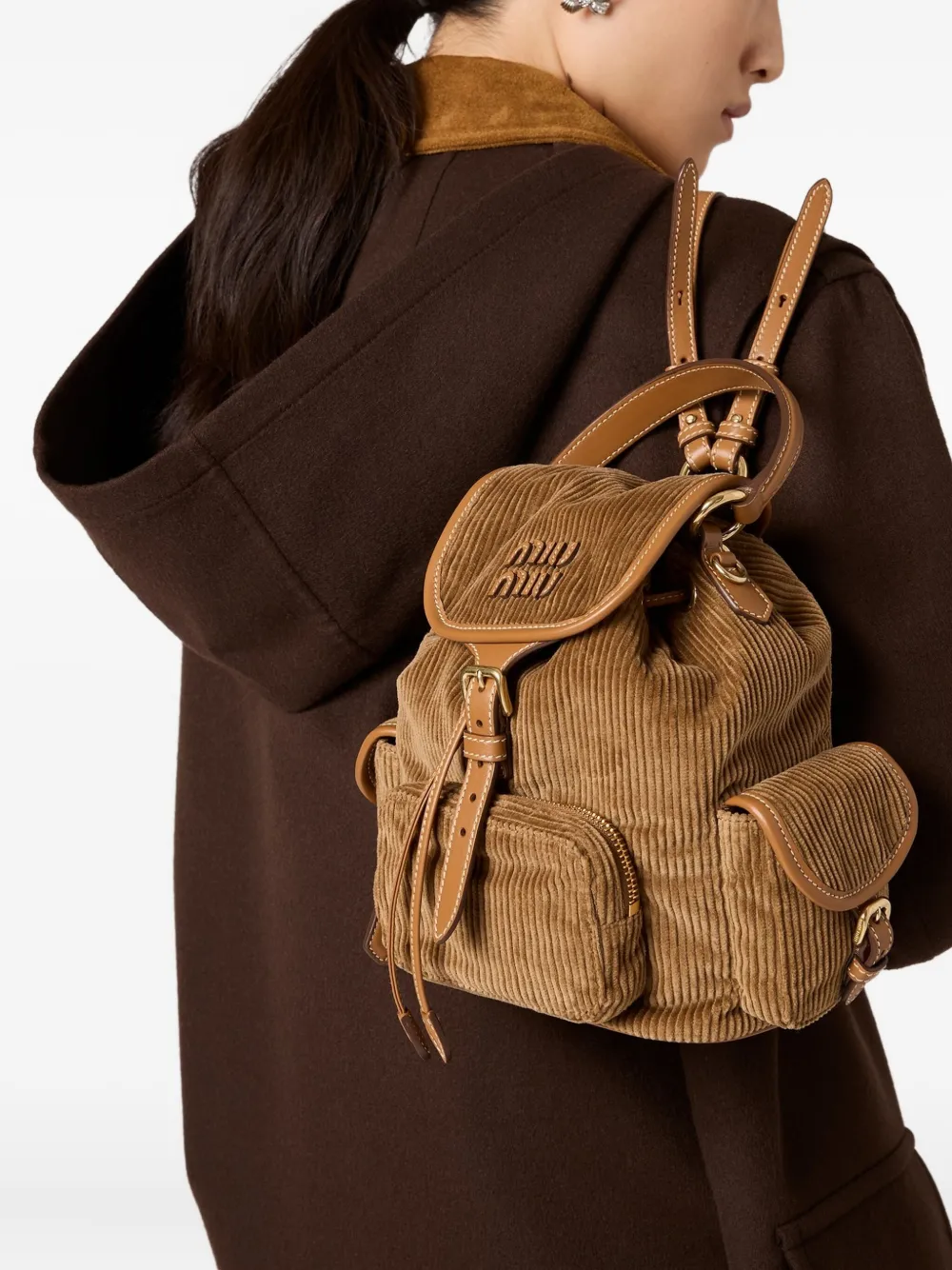 Miu Miu Medium Corduroy Cotton Backpack In Brown