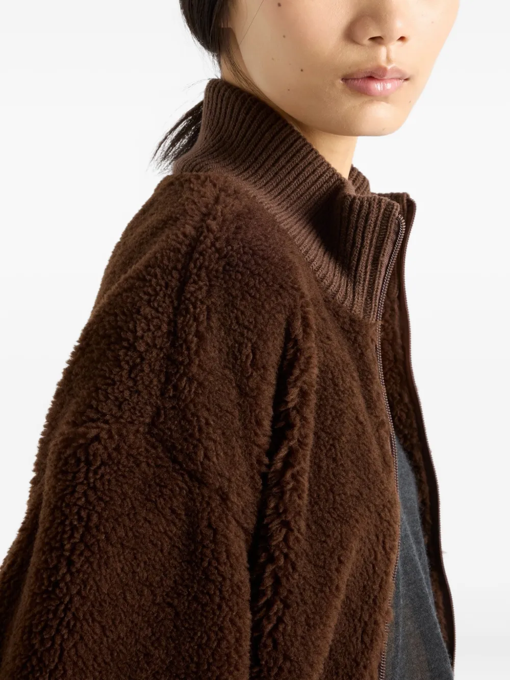Prada Pile Bomber Jacket High Collar Ribbed Cuffs In Brown