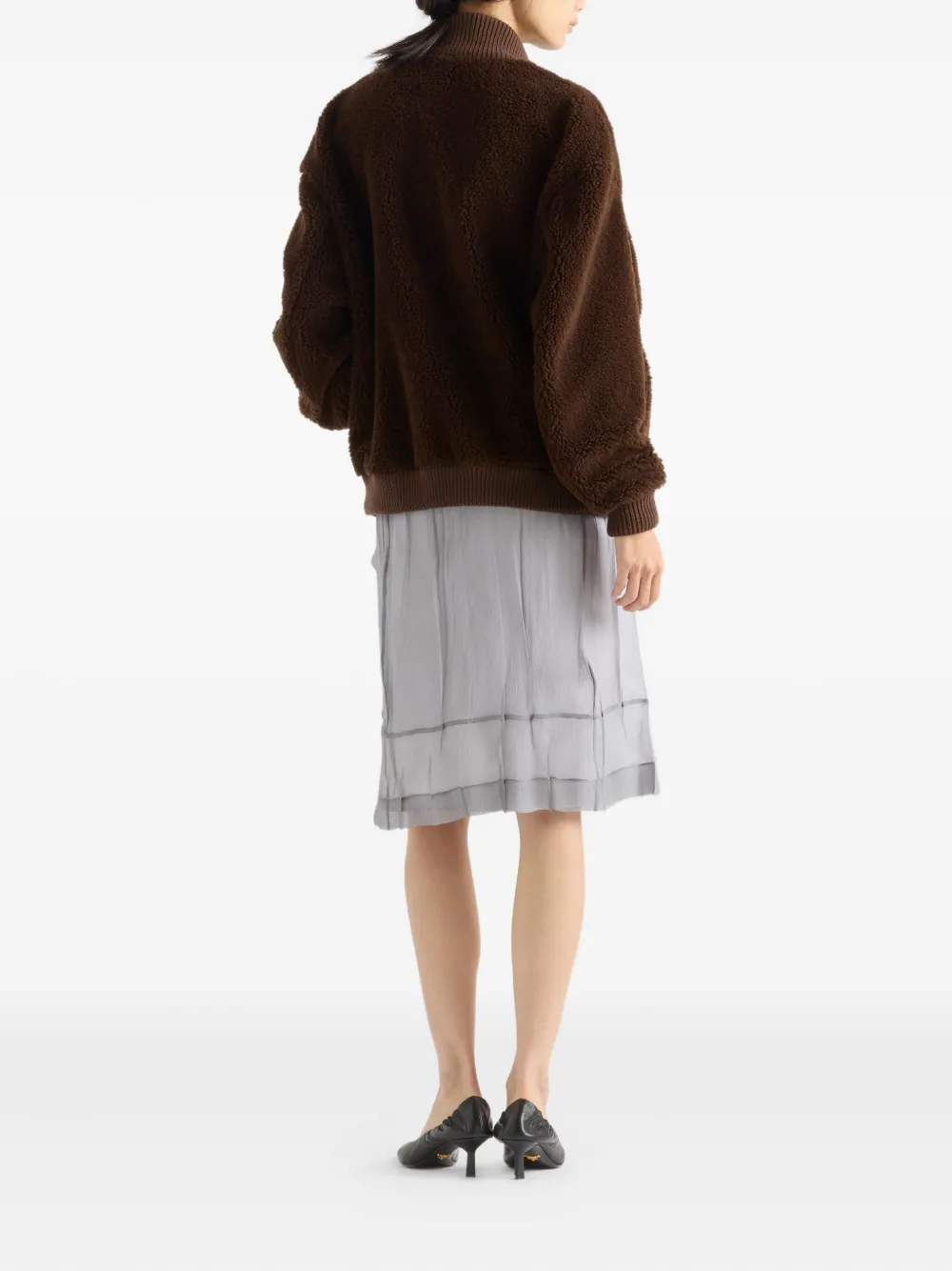 Prada Pile Bomber Jacket High Collar Ribbed Cuffs In Brown