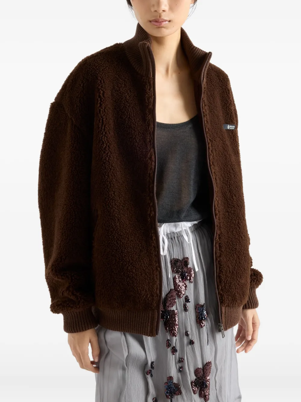 Prada Pile Bomber Jacket High Collar Ribbed Cuffs In Brown