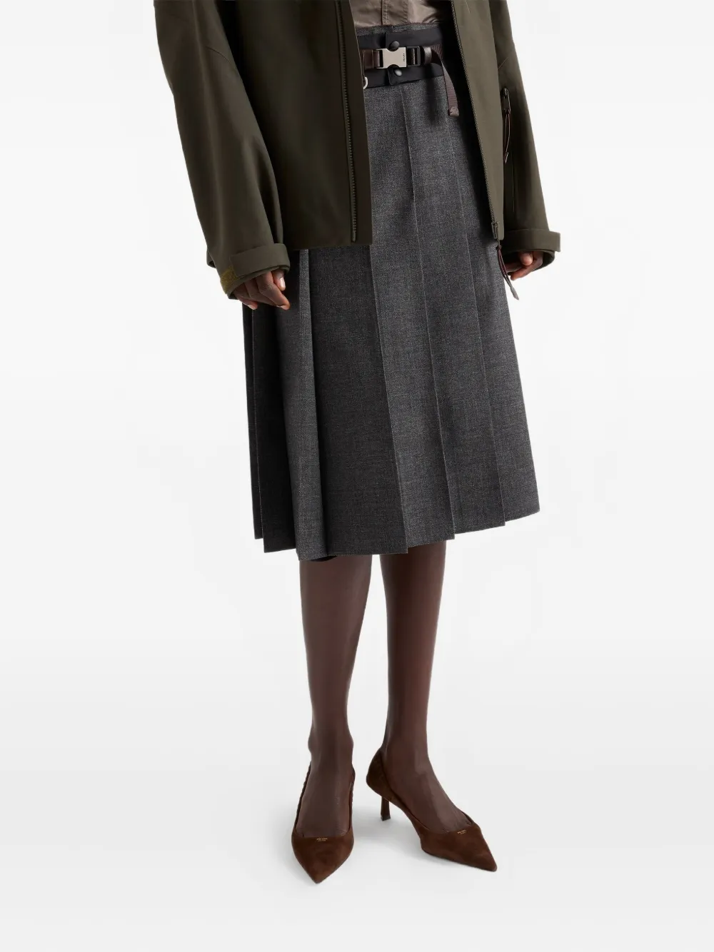 Prada Pleated Midi Skirt In Gray