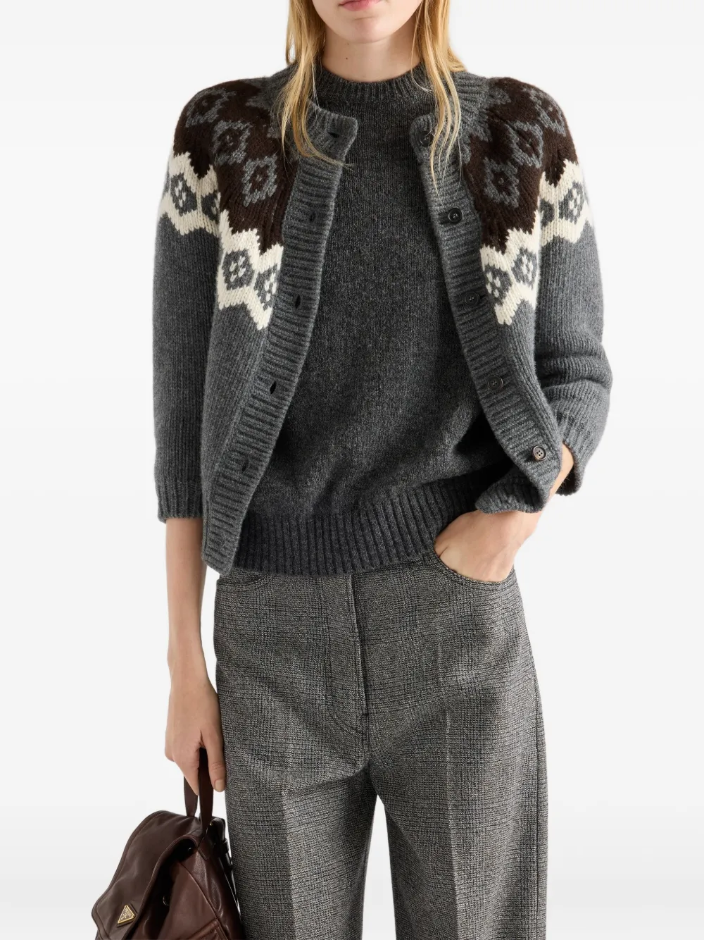 Prada Intarsia Button-up Cardigan In Black